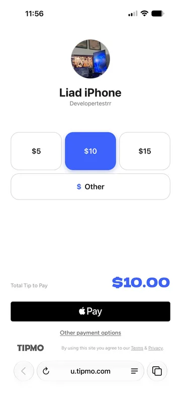 TIPMO tipping screen in the browser with $5, $10 and $15 quick amounts