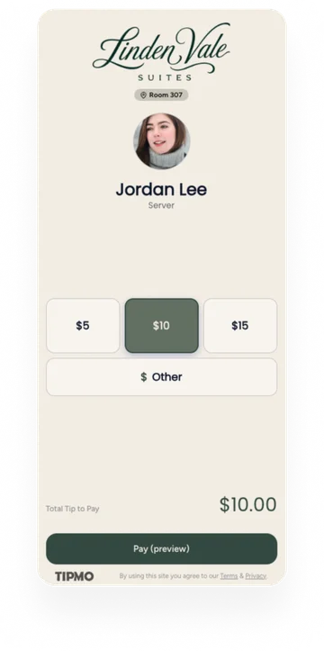Custom-branded TIPMO tipping page for Linden Vale Suites on a phone — tip Jordan Lee, Server